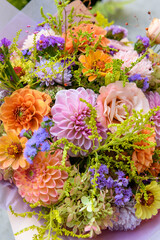 Summer bouquet. Beautiful pastel colored fresh flower arrangement. Birthday or weddding bouquet made of summer flowers.