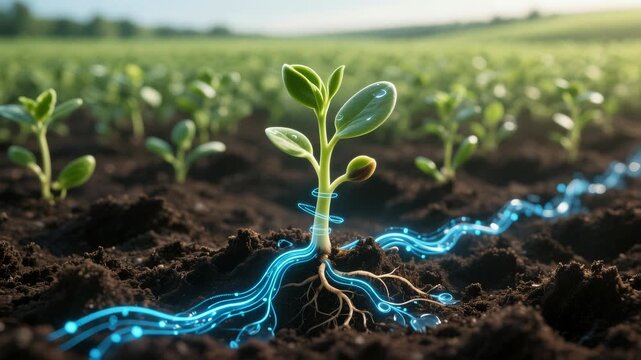 Smart farming precision agriculture young plant seedling sprout soil roots technology innovation sustainability eco agriculture farm field crop fresh