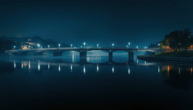 Nighttime bridge over river with lights reflecting in the water surface