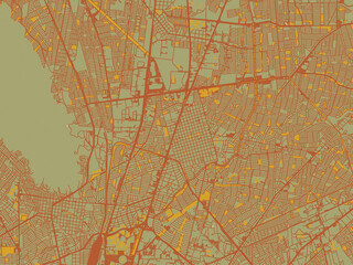 Modern flat map poster of San Nicolas de los Garza, Mexico in sage green ground with rust-red roads and ochre accents.