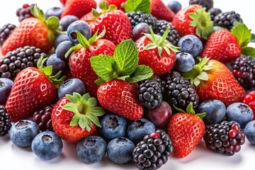 Fototapeta premium Fresh Berries: Juicy Strawberries, Blueberries, Raspberries & Blackberries