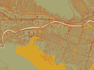 Abstract flat-design map of San Pedro Garza Garcia, Mexico, featuring sage green ground with rust-red roads and ochre accents.