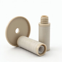 Studio Shot Of Beige Plastic Filter Components Including Two Cylindrical Threaded Elements And A Flat Circular Disc With A Central Hole Set Against A White Background