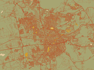 Graphic flat color map of Santiago de Queretaro, Mexico in sage/olive tone field with rust networks and ochre shapes, cream water.