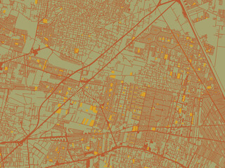 Abstract flat-design map of Santiago Teyahualco, Mexico, featuring sage green ground with rust-red roads and ochre accents.