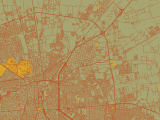 Abstract flat-design map of Soledad de Graciano Sanchez, Mexico, featuring sage green ground with rust-red roads and ochre accents.
