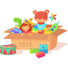 A Cardboard Box Overflowing with Colorful Childrens Toys Including a Teddy Bear Dinosaur Toy Car and Building Blocks On a White Background