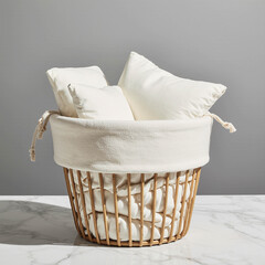 A stylish wicker basket with a soft fabric liner holds plush white pillows, creating a cozy and minimalist home decor piece on a marble surface.
