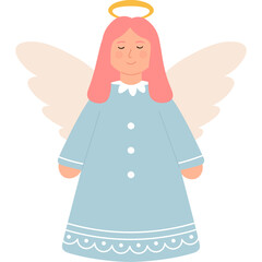 A Cheerful Angel Character with Pink Hair Blue Dress and Golden Halo Floating Gracefully Against a Transparent Background