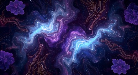 Dreamy abstract galaxy with flowing energy and deep purple floral accents