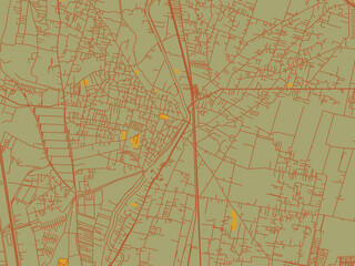 Obraz premium Minimalist flat city map of Teoloyucan, Mexico with sage/olive tone field with rust networks and ochre shapes, cream water.