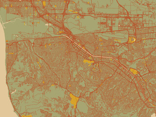 Graphic flat color map of Tijuana, Mexico in earthy sage background with rust roadways and ochre details.