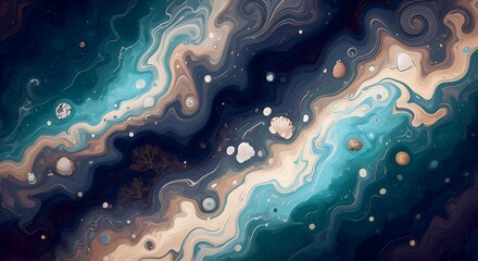 Dreamy abstract ocean art with seashells and fluid swirling turquoise