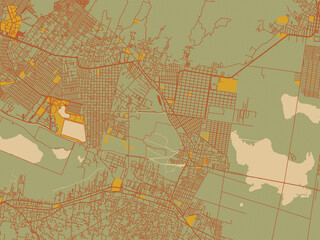 Decorative flat city map of Tlahuac, Mexico using sage green ground with rust-red roads and ochre accents.