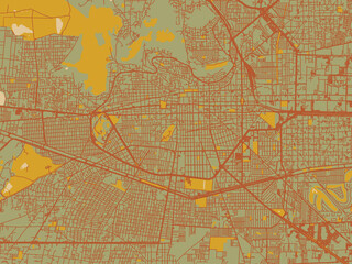 Decorative flat city map of Toluca, Mexico using sage green ground with rust-red roads and ochre accents.