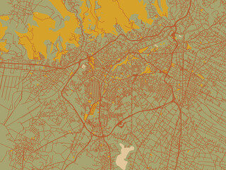 Vector-style flat map of Tlaxcala, Mexico with earthy sage background with rust roadways and ochre details.