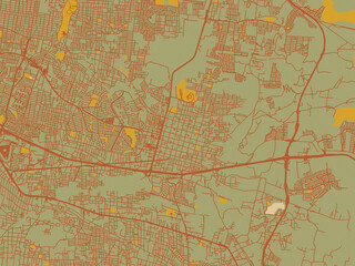 Abstract flat-design map of Tonala, Mexico, featuring olive backdrop with warm rust street network and ochre blocks.