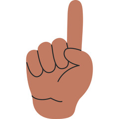 A brown cartoon hand with a black outline pointing one finger up against a white background representing a number one or a signal