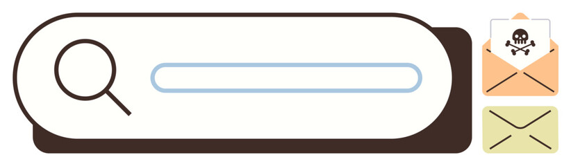 Magnifying glass next to search bar, two envelopes including warning of malicious email risk. Ideal for online safety, data protection, spam detection, phishing awareness, email management