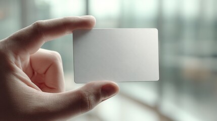 A close-up of a hand holding a blank credit card against a softly blurred background, suggesting opportunities and new beginnings.