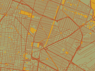 Vector-style flat map of Venustiano Carranza, Mexico with sage green ground with rust-red roads and ochre accents.