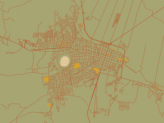 Decorative flat city map of Valle de Santiago, Mexico using muted sage base, rust-colored roads, and soft ochre highlights.
