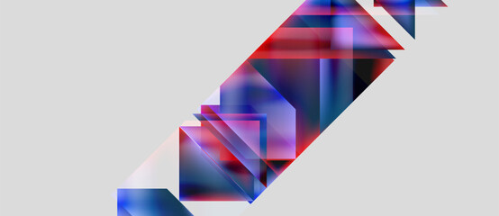 Abstract geometric composition. Overlapping shapes create dynamic visual effect. Red, blue hues dominate neutral background. Modern design.