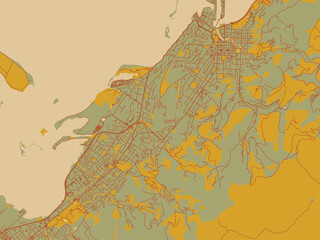 Vector-style flat map of Nelson, New Zealand with muted sage base, rust-colored roads, and soft ochre highlights.