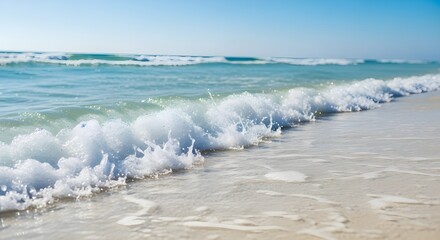Fototapeta premium Gentle Waves Breaking on a Sandy Beach Under a Clear Blue Sky