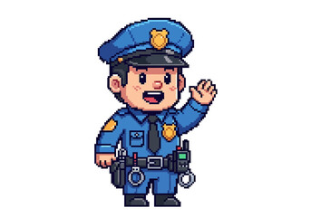 Pixel Art Policeman Waving Hand Cartoon Character Illustration.