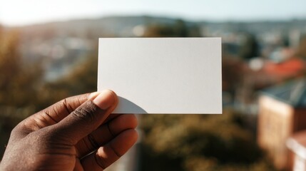 Obraz premium A close-up of a person's hand holding a blank card against a blurred background of a cityscape, evoking creativity and potential.