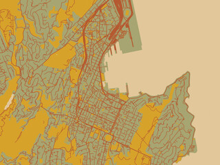 Contemporary flat map of Wellington center, New Zealand design with muted sage base, rust-colored roads, and soft ochre highlights.