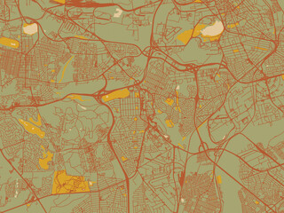 Minimalist flat city map of Alberton, South Africa with earthy sage background with rust roadways and ochre details.