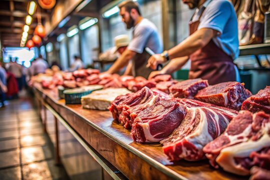 Fresh Meat Display at Traditional Butchery Shop - High-Quality Stock Photo