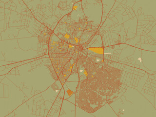 Graphic flat color map of Bloemfontein, South Africa in sage green ground with rust-red roads and ochre accents.