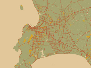Fototapeta premium Flat painterly map of Cape Town, South Africa in olive backdrop with warm rust street network and ochre blocks.