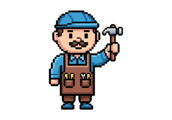 Pixel Art Carpenter with Hammer Retro Construction Worker Illustration.