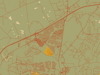 Vector-style flat map of Diepsloot, South Africa with sage/olive tone field with rust networks and ochre shapes, cream water.