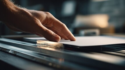 A close-up of a male hand gently placing white paper on a cutting machine, showcasing precision in a workshop environment.