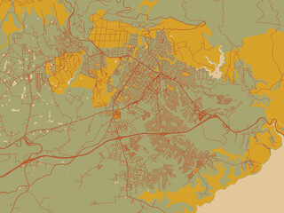 Graphic flat color map of George, South Africa in earthy sage background with rust roadways and ochre details.