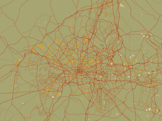 Abstract flat-design map of Greater Johannesburg, South Africa, featuring muted sage base, rust-colored roads, and soft ochre highlights.