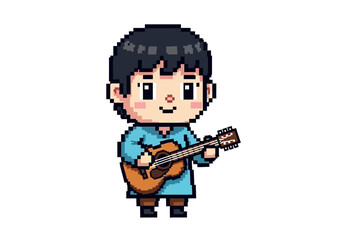 Pixel Art Boy Playing Guitar Retro Gaming Character Design.