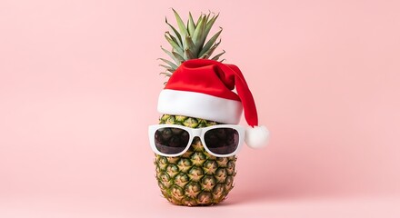 Tropical Christmas vibes with a cool pineapple wearing a Santa hat and sunglasses on pink
