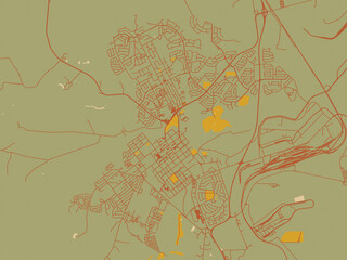 Vector-style flat map of Newcastle, South Africa with olive backdrop with warm rust street network and ochre blocks.