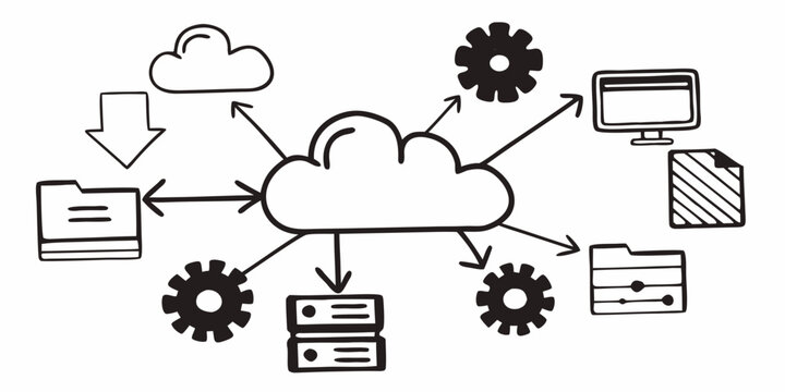 Doodle style cloud computing diagram with connected devices and services in black and white design concept on transparent background