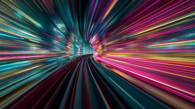 Futuristic neon light trail hyperspeed tunnel abstract motion blur long exposure dynamic perspective energy rush vibrant color speed night urban city
