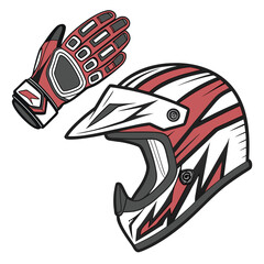 Obraz premium A dynamic illustration of a red and white striped motocross helmet and a matching racing glove symbolizing protection and speed in extreme sports
