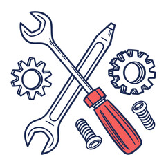 A hand drawn illustration featuring a crossed wrench and screwdriver surrounded by gears and screws symbolizing repair maintenance and diy projects