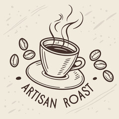 A hand drawn illustration of a steaming cup of coffee on a saucer surrounded by coffee beans with the words artisan roast below perfect for cafe branding