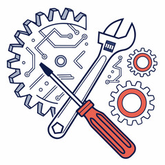 A stylized illustration featuring a large gear with integrated circuit board pathways a crossed wrench and screwdriver and smaller gears representing technology engineering and repair